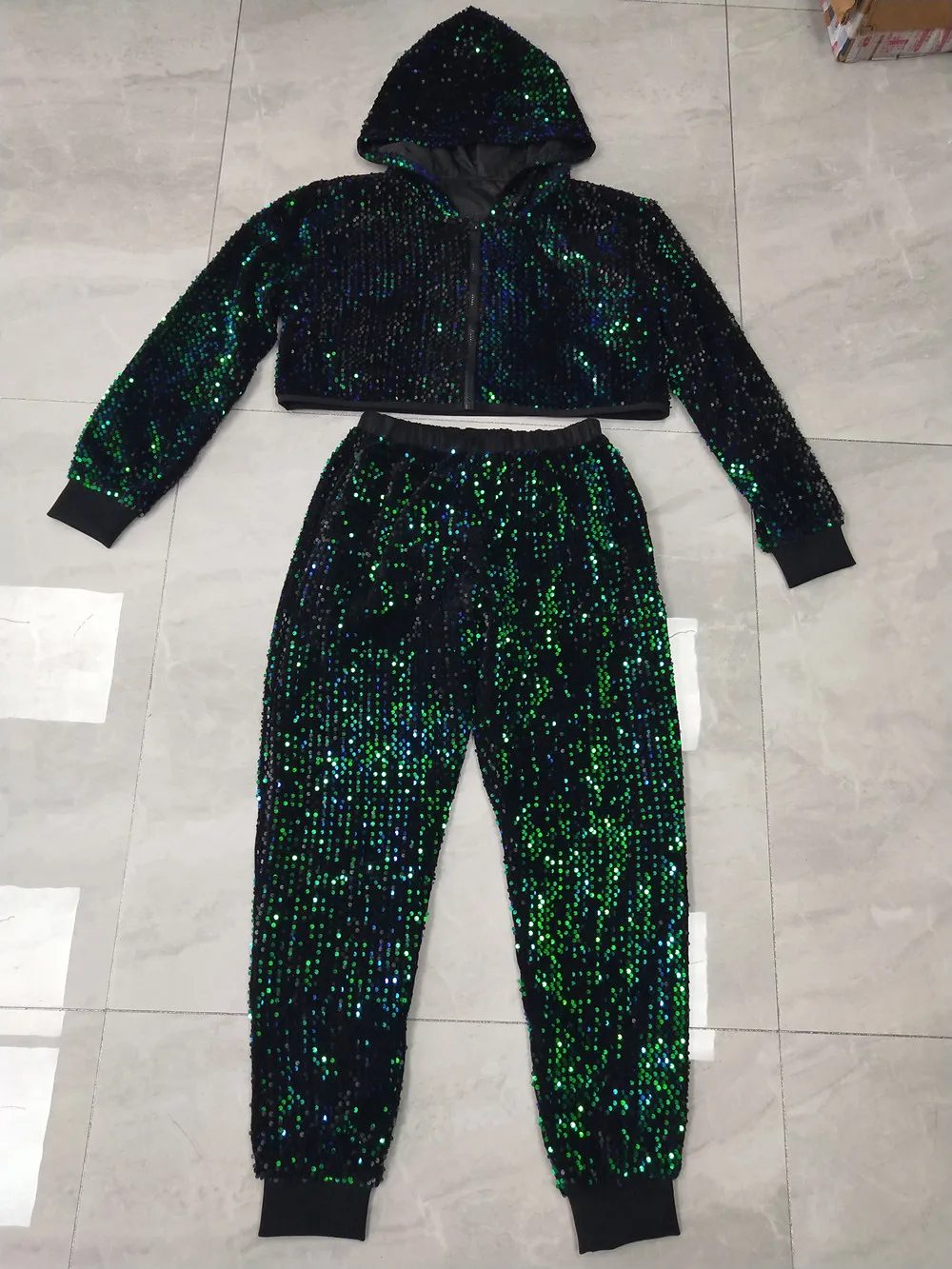 Adult Male Green Sequins Hip Hop Dance Clothes Nightclub Bar Gogo Dancer Costume Glitter Hooded Jacket Pants Performance Outfits