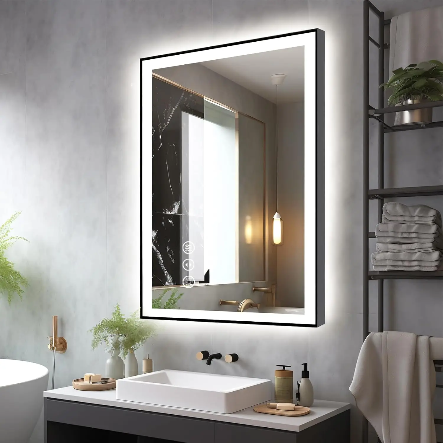 24x32 LED Bathroom Mirrors for Wall -Black Aluminum Framed (Front and Backlit) Anti-Fog Vanity Mirror With Lights Stepless