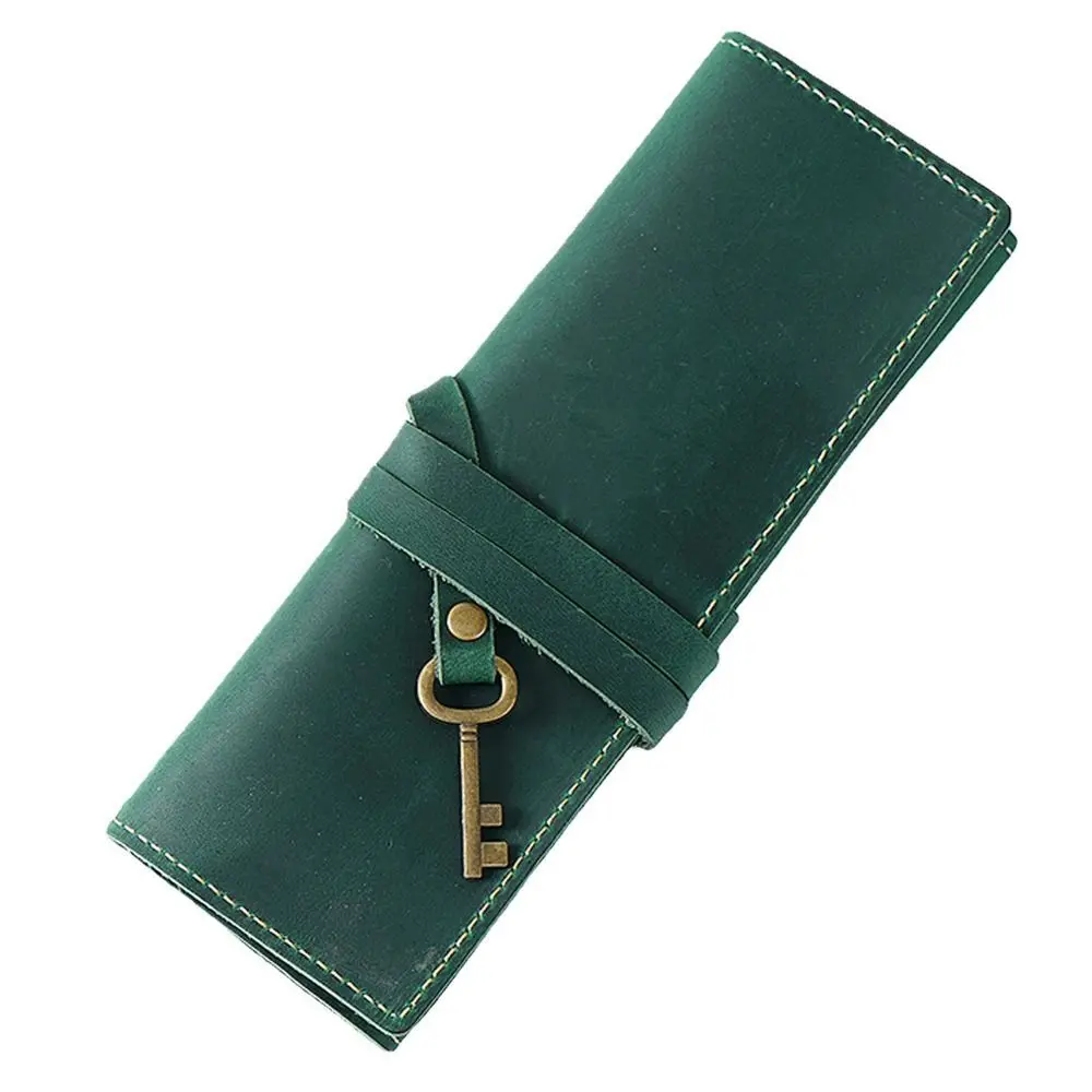 Simple Cowhide Leather Pen Bag Retro Roll-Up Pencil Roll Bag Tie Rope Handmade Vintage Cowhide Pencil Case School Supplies