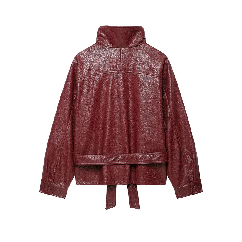 NINE ZAR Women's Long Sleeve Stand Collar Leather Effect Jacket with Belt 6318341 Regular Length Zipper Closure Fashionable O...