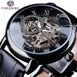 Forsining 99A Luxury Hand Wind Classic Transparent Mechanical Leather Strap Golden Bridge Skeleton hot selling Men Watch Clock