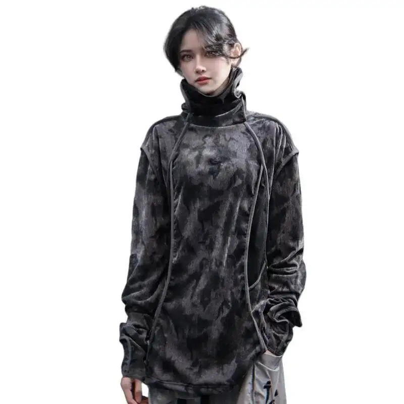 Man Women Sweatshirt 2025 Spring Unisex Long Sleeve T-shirt Loose Tie Dye Printed Finger Hole Turtleneck Basic Sweatshirt