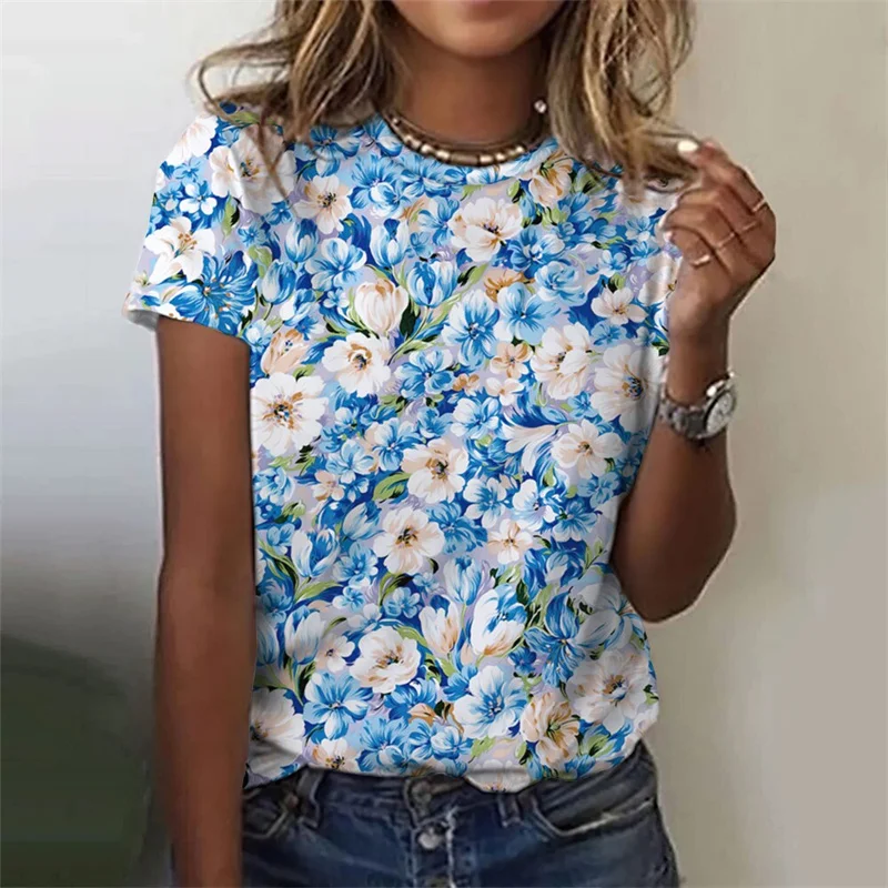 3D Printed Flower T Shirt For Women Floral Graphic Short Sleeves Summer Fashion Street O-Neck Tees Tops Loose Harajuku T-Shirts
