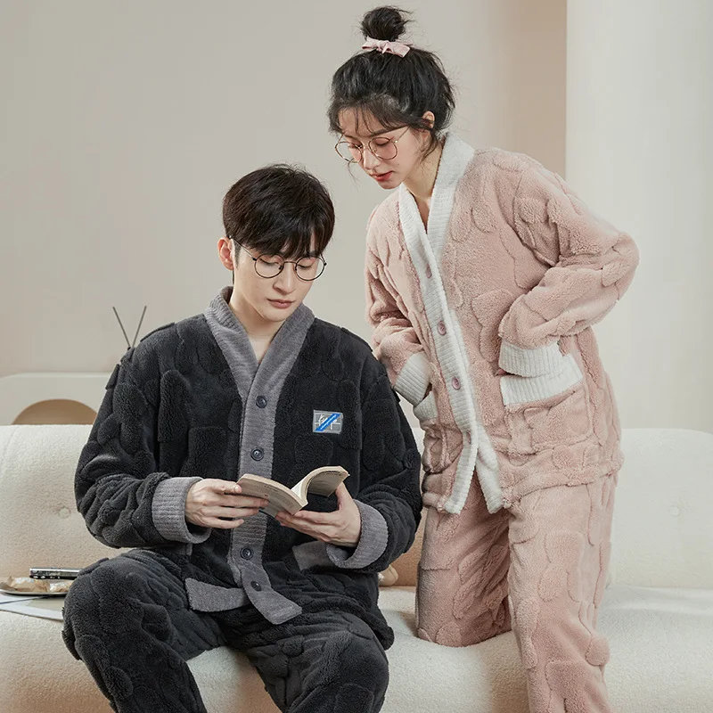 Coral Fleece Couples Pajamas Set 2023 New Fashion Men and Women Matching Homewear Winter Warm Pijamas Youth Boy Girl Nightwear