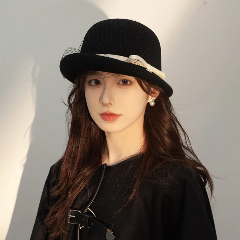 エレガントなウールのベレー帽、女性用リボン付き、ヴィンテージラウンドトップハット、英国スタイル、秋冬のおしゃれな帽子アクセサリー