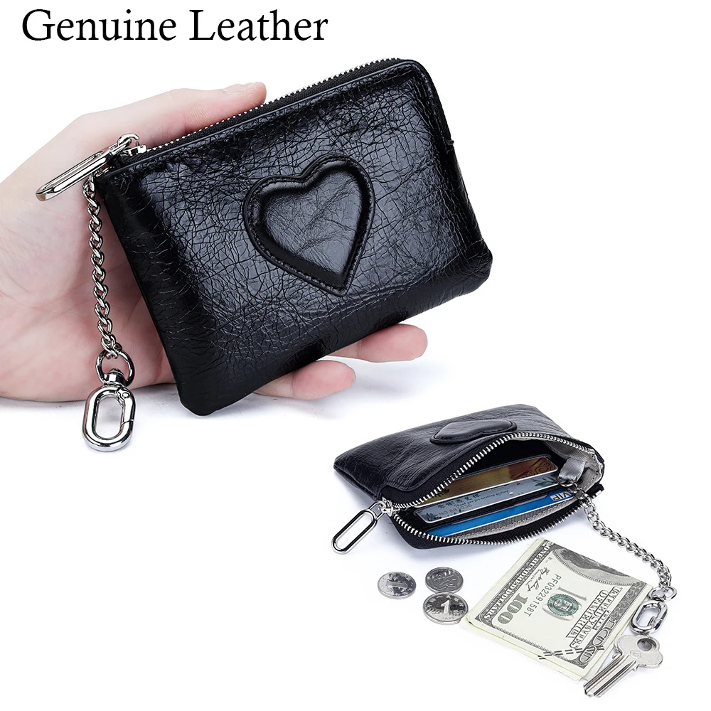 Genuine Leather Coin Purse Y2K Women 2026 Trendy Zipper Card Pouch with Chain Top Layer Cow Leather Cracked Oil Wax Heart Decors