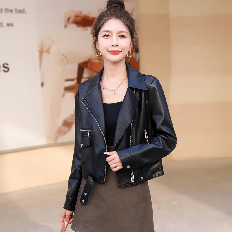 2024 جديد Faion بولي Leather الجلود Jaet ort دراجة نارية Sle المرأة عادية ربيع الخريف سستة الشارع Sle معطف فضفاض صالح