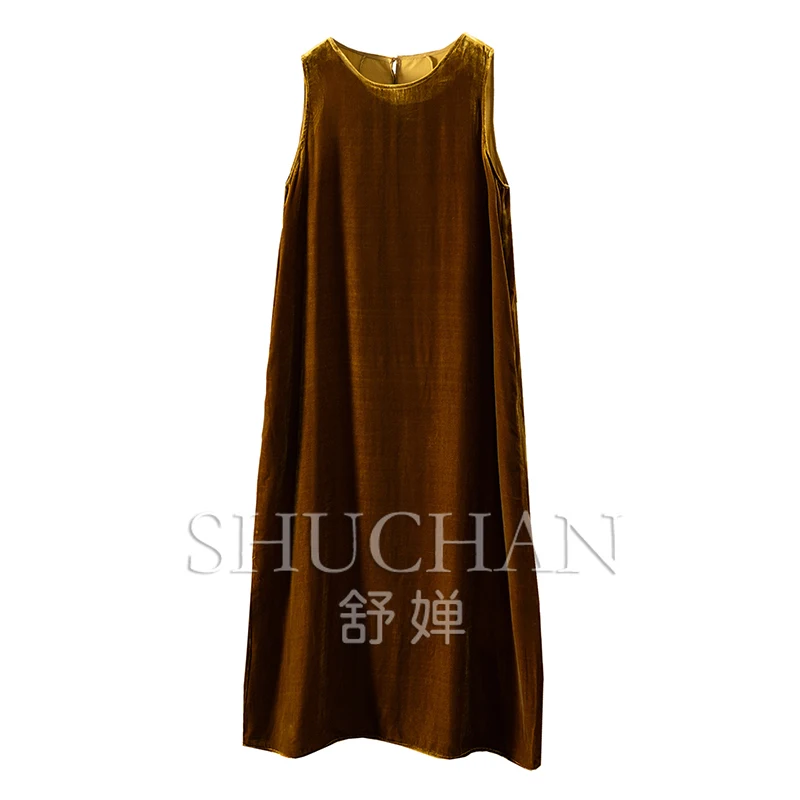 Luxury French Natural Silk Velvet Crew Neck Sleeveless Tank Vest Dress Women Autumn Winter 2024 evening dresses