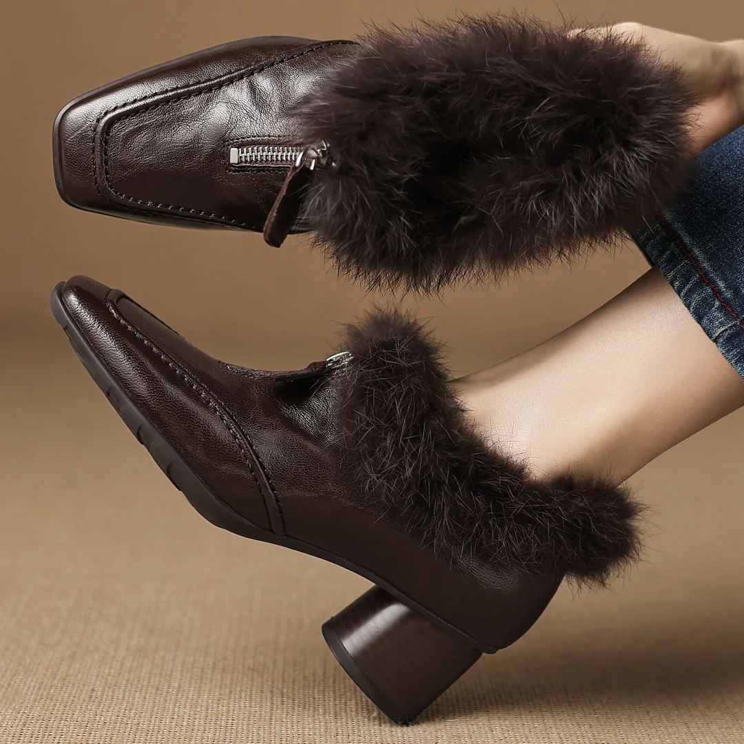 

Flokathy women's sheepskin rabbit fur patchwork square toe front zip short plush inside winter warm pumps 5cm med heels shoes 40
