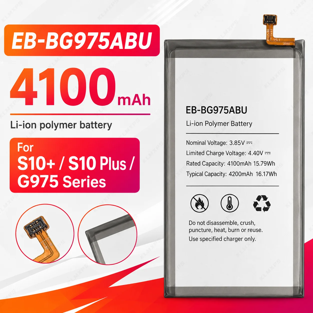 New 4100mAh EB-BG975ABU Replacement Battery for Samsung Galaxy S10 Plus S10+ SM-G975F G975U G9750 G975W Phone Bateria