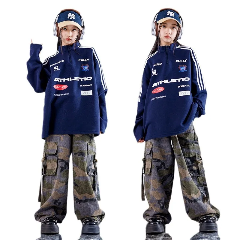 Children Hip Hop Dance Costume Girls Blue Sweat Tops Cargo Pants Streetwear Children Modern Jazz Dance Stage Performance Clothes