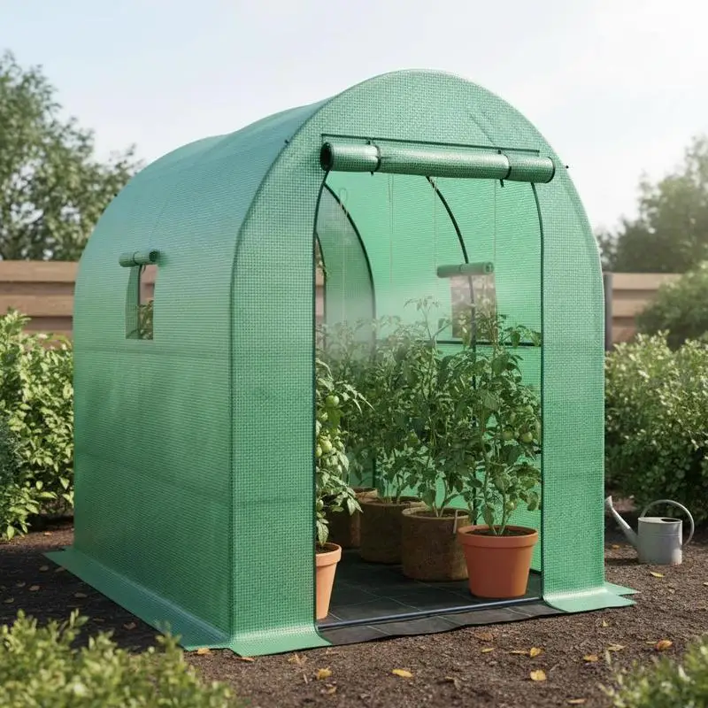 

Walk-In Lean to Wall Greenhouse with Windows and Doors, Outdoor Green House with 3 Tiers 4 Wired Shelves, 200L x 100W x 215Hc
