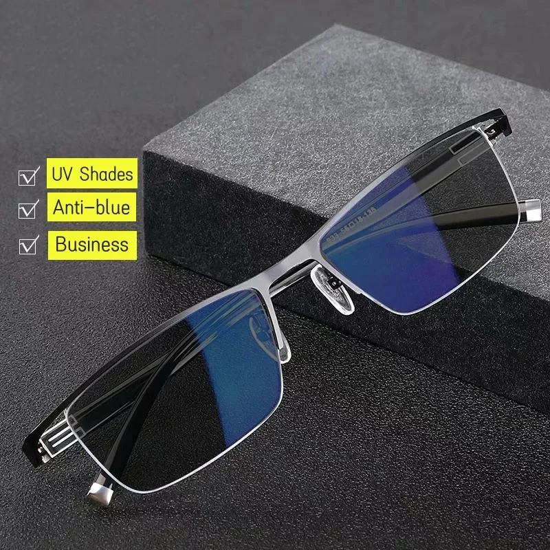 Men\'s Half Frame Photochromic Glasses Women Trendy Business Square Color Changing Myopia Eyeglasses Unisex Fashion Sunglasses