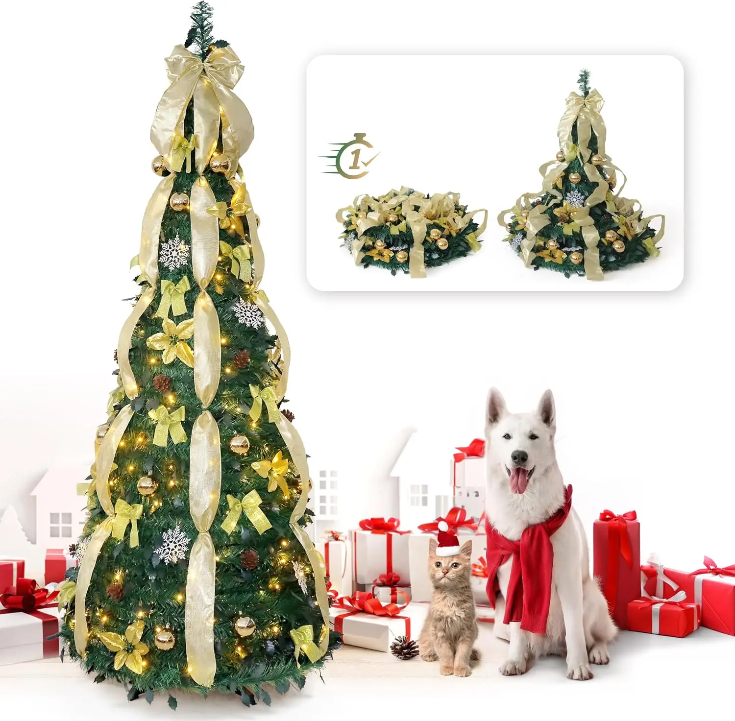 6ft Pop Up Christmas Tree, Pre-Lit with 300 LED Lights, Foldable & Collapsible Artificial Tree Pre-Decorated with Golden Ribbons