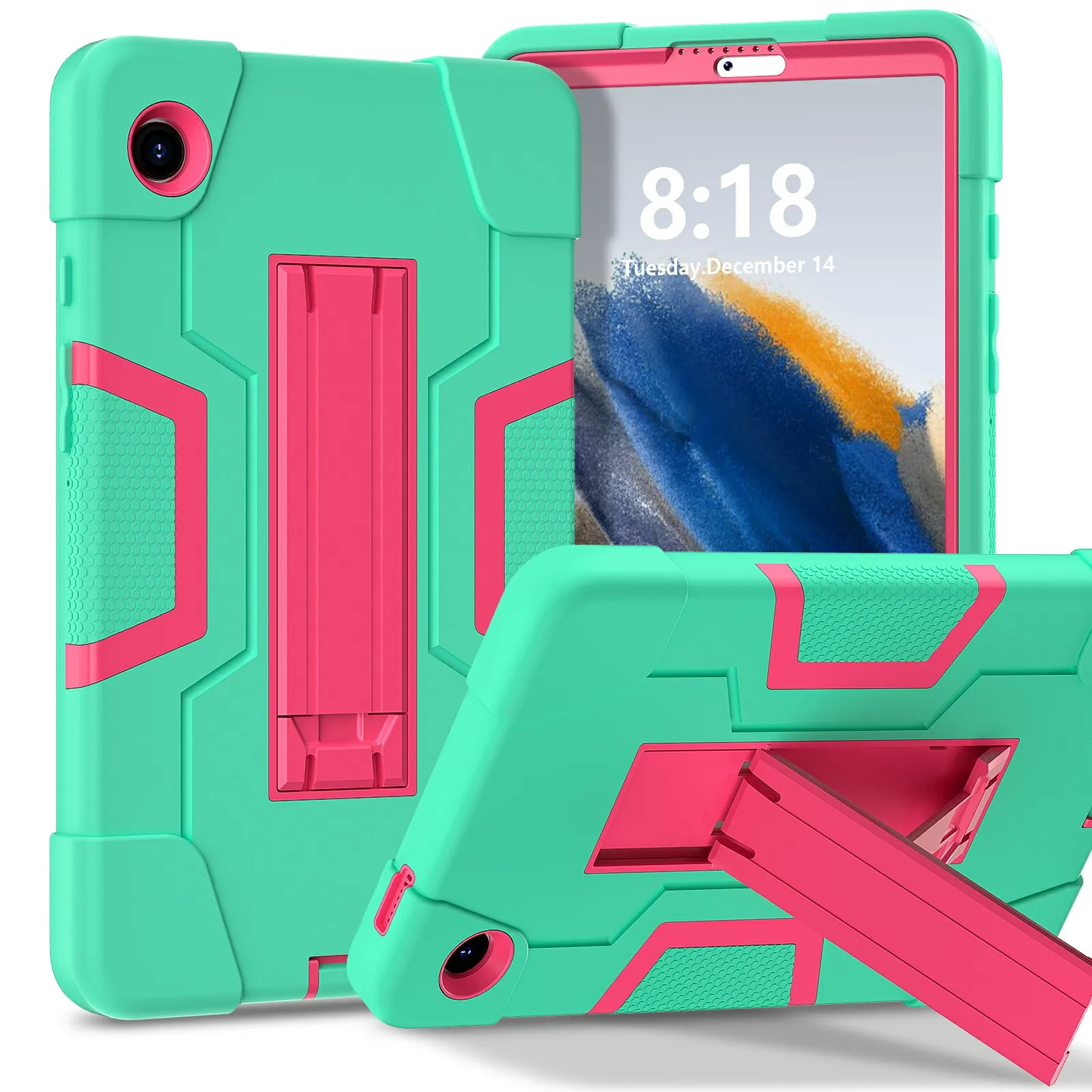 

For Samsung Galaxy Tab A11 Case Robot Style Silicone + PC Tablet Cover with Kickstand - Mint Green / Rose