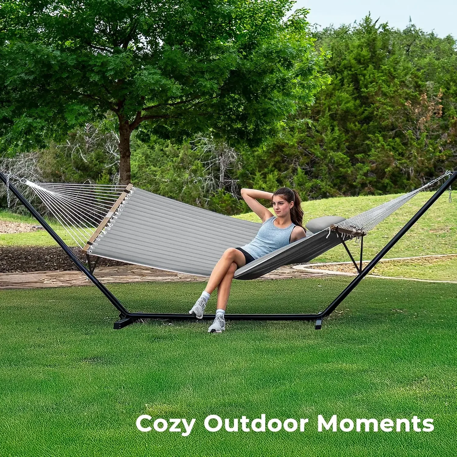 Hammock with Stand, 2 Person Quilted Outdoor Hammock, Detachable Pillow & Bamboo Spreaders, Portable Hammock with Carrying Bag,