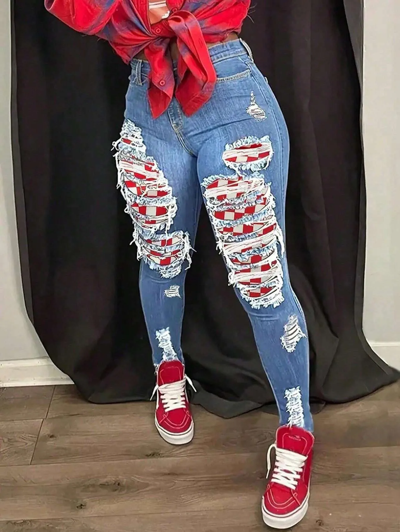 

Autumn Women's Clothing Slim Fit High Waist Ripped Stretch Jeans For Woman Cotton Denim Long Pencil Pants With Patch Detail