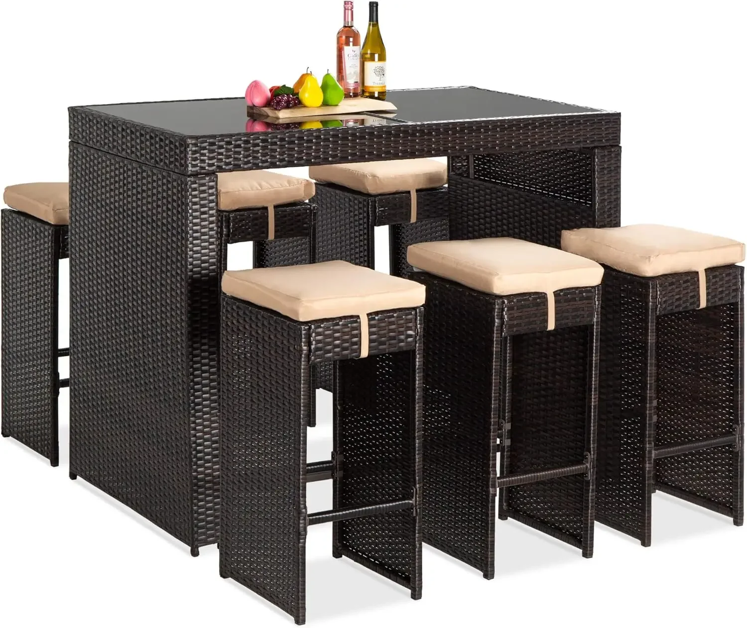 

Best Choice Products 7-Piece Outdoor Wicker Bar Dining Set, Rattan Patio Furniture for Backyard, Garden w/Glass Table Top, 6 Sto