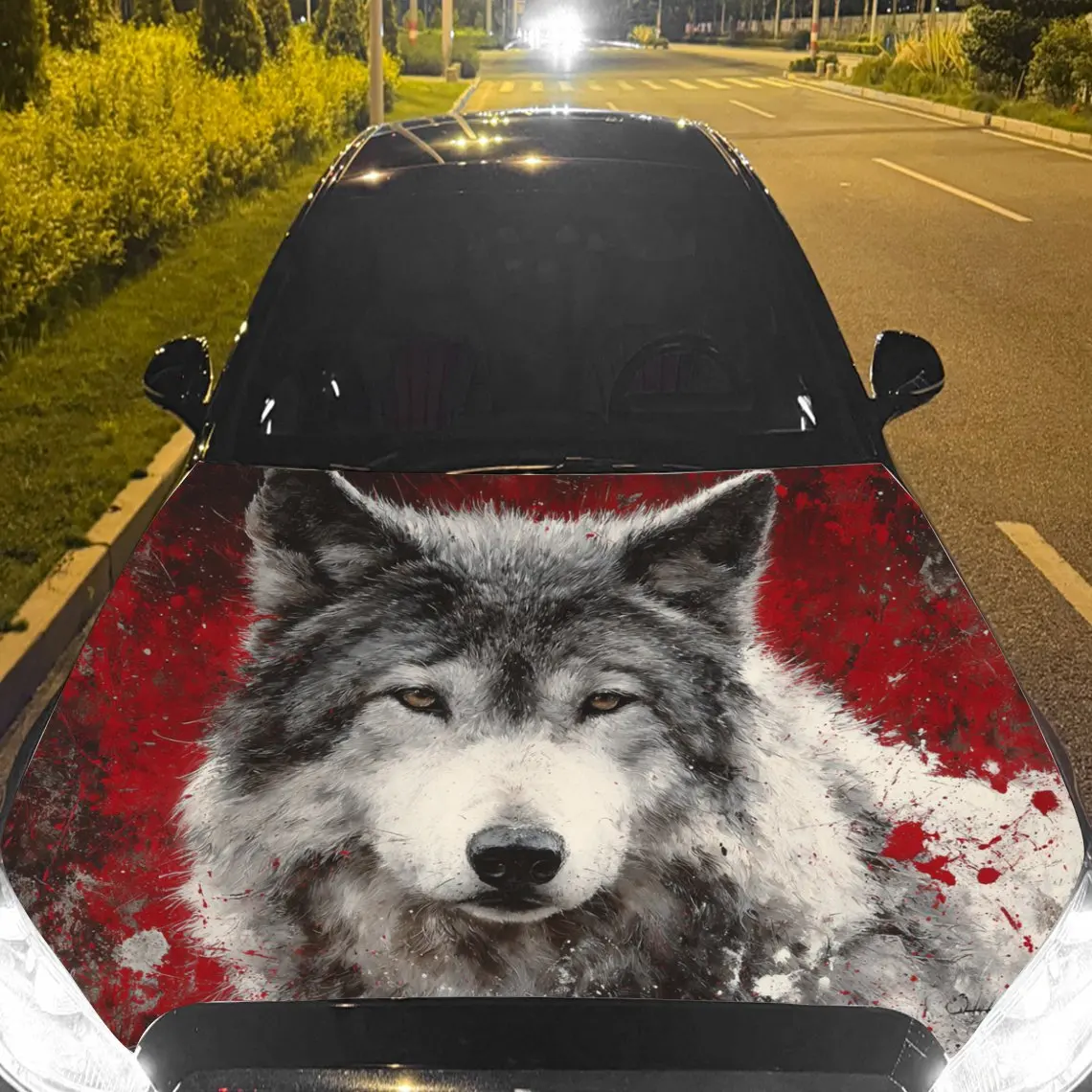 Autocollants de voiture loup avec une Expression tranquille, ensemble contre un arrière-plan rouge et blanc, autocollant pour capot de voiture, Vi auto-adhésif imperméable