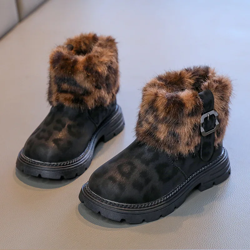 

Зимние ботильоны для маленьких девочек 2024, детская обувь принцессы с леопардовым принтом на флисовой подкладке, теплые нескользящие детские ботинки на толстой подошве