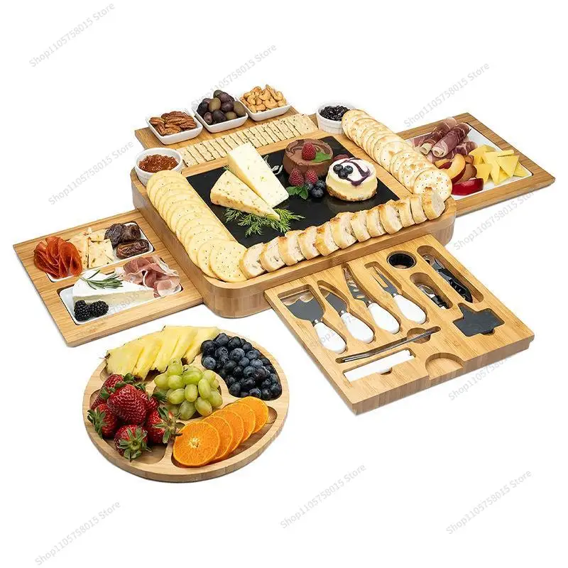 For New Bamboo Cheese Board Set Kitchen Wooden Cheese Plate, Cutting Board, Breadboard