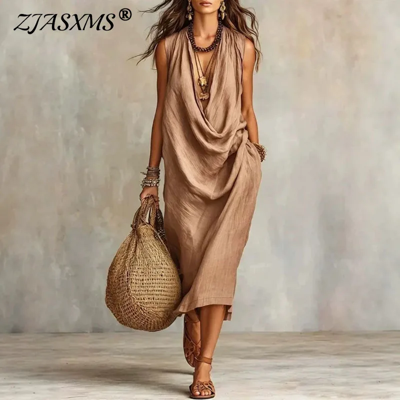 

Sexy Boho Office Pockets Sleeveless Dress Women Cowl Neck Draped Loose Maxi Dress Casual Summer Beach Solid Vacation Party Dress