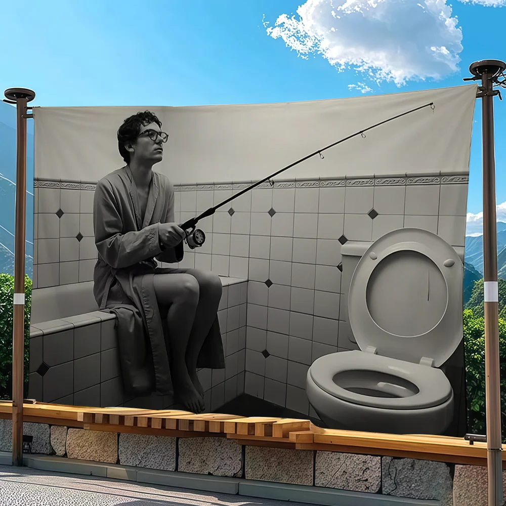A Man Fishing in a Bathroom flag Advertising Banner for Camping Decoration Outdoor & Garage Wall Hanging Decorations