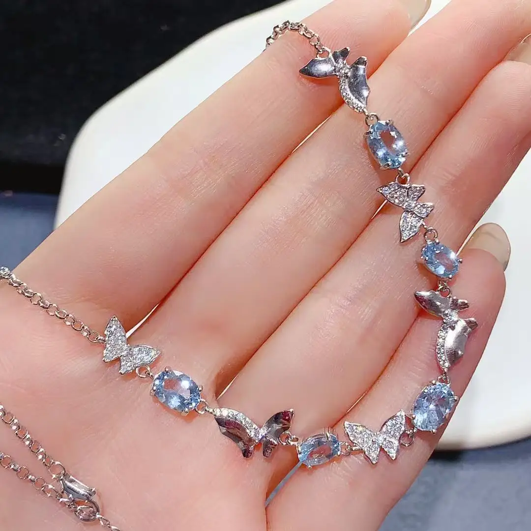 Natural Aquamarine Necklace, 925 Silver Butterfly, Dreamy Fairy Tale Light Luxury Choker, Ocean Gemstone Jewelry Gift for Women