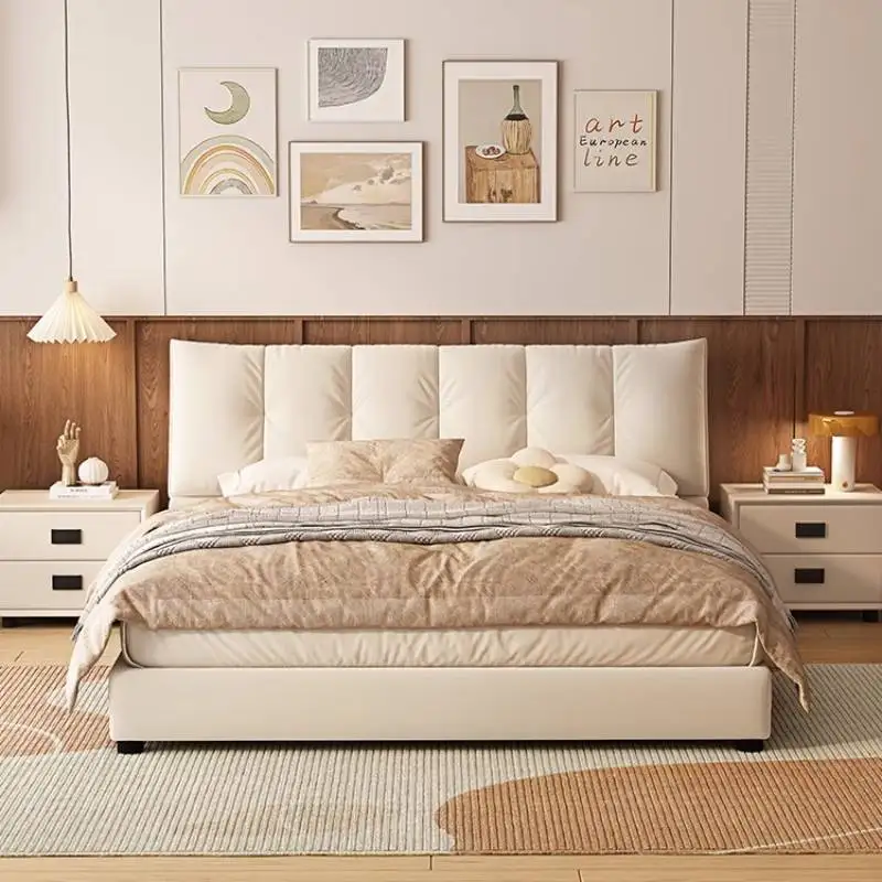 

Minimalist Beige European Double Bed Low Price White Modern Wooden Double Bed Frame Pliable Cama Box Solteiro Furniture For Home