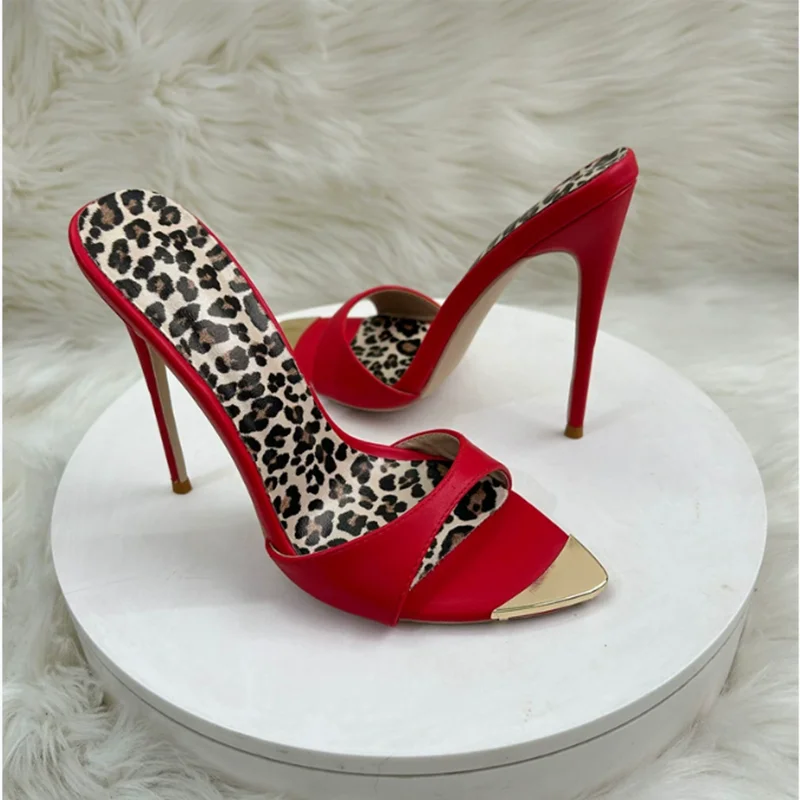 Stylish Leopard Metal Pointed Toe High Heel Mules Shoes Slip On Red Multi Colors Pattern PU Leather Cover Heels Slippers 12cm