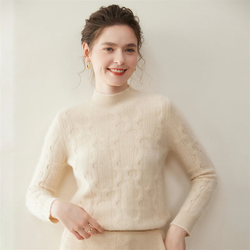 

100% Cashmere Sweater Women Mock Neck Thick Pullover Autumn Winter Twist Flower Knitwear Soft Graceful Cashmere Clothing Tops