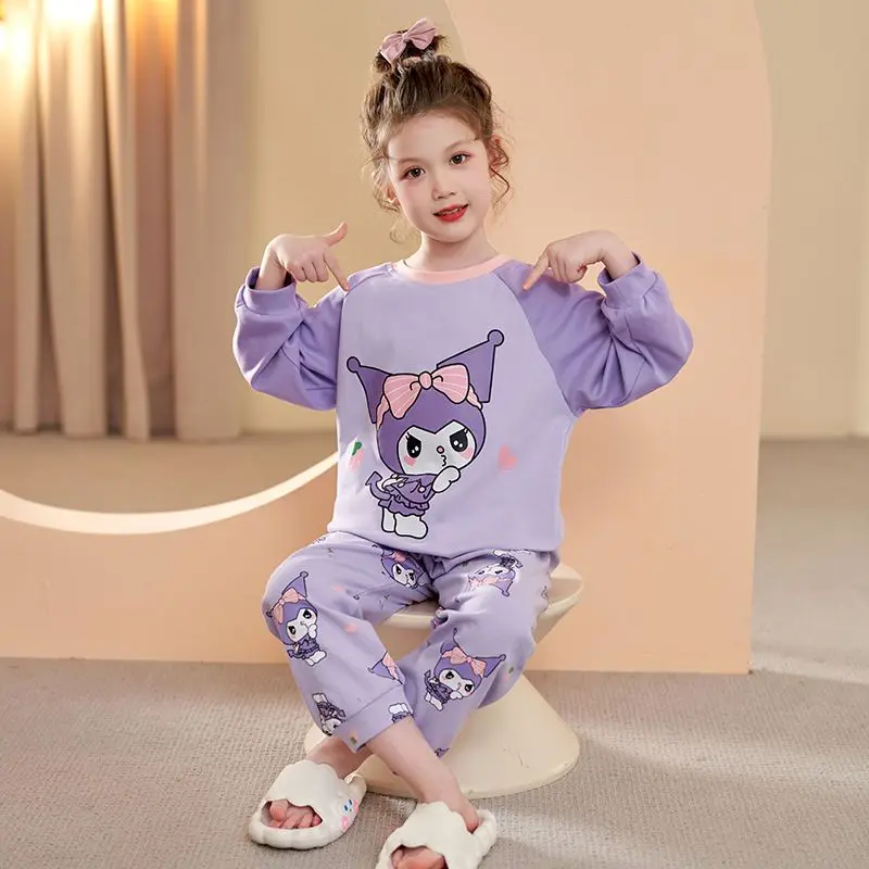 Disney Kuromi Cartoon Schattige Meisjes Lente En Herfst Katoen Zachte, Comfortabele, Ademende En Losse Huiskleding Set Met Lange Mouwen