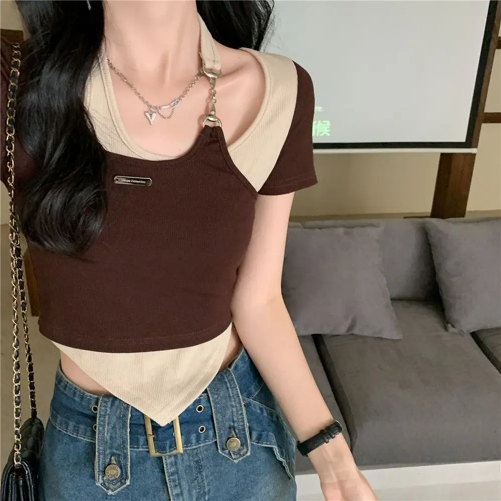 Y2K Streetwear Crop Top Women Fake Two Piece Halter Short Sleeve Tee Irregular Hem Metal Ring Detail Harajuku Subculture 2026