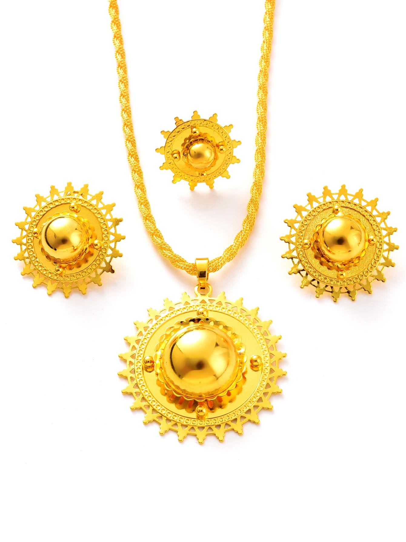 Saudi Arabia Ethiopia Golden Color Jewelry Set Gear Design Pendant Necklace Earrings Ring Bridal Wedding Gorgeous Gift