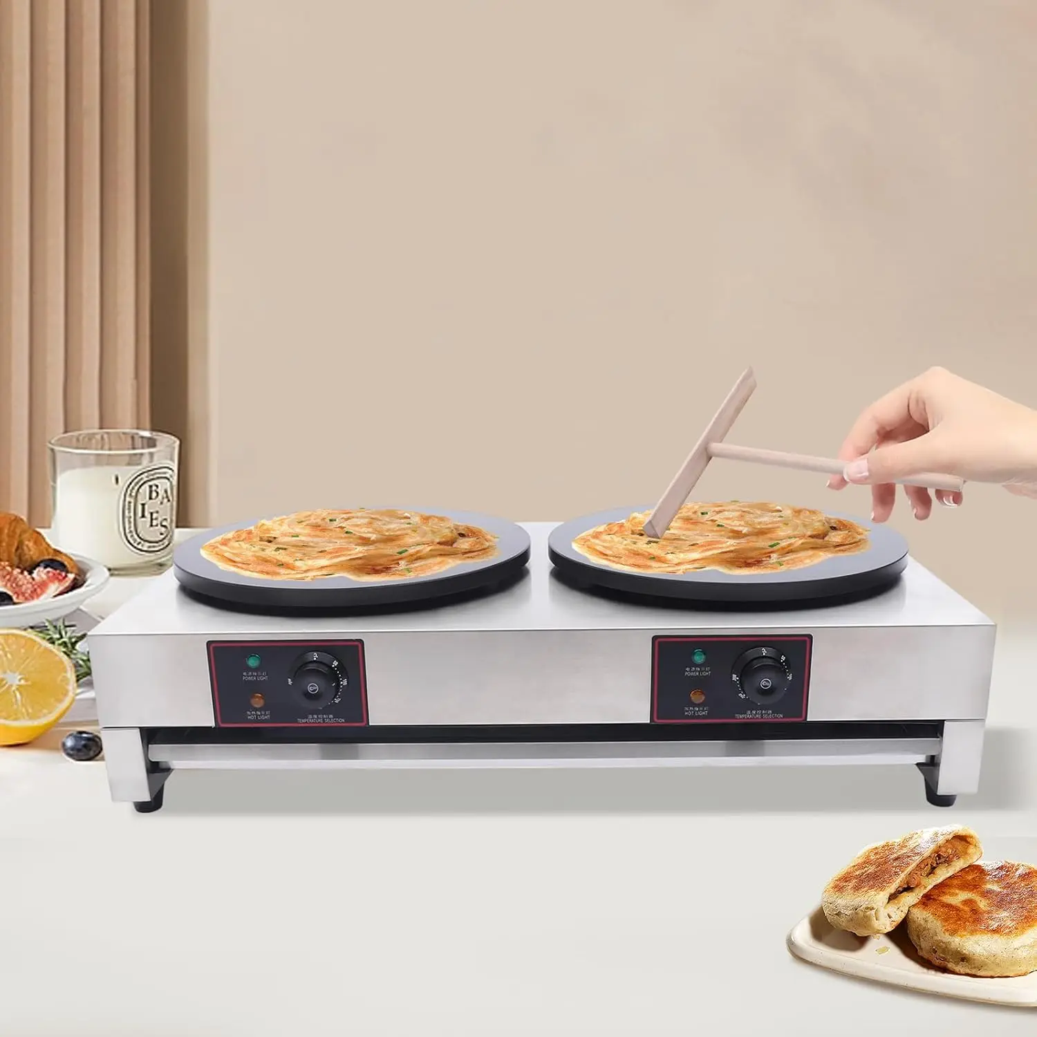 ماكينة صنع الفطائر الكهربائية، ماكينة صنع الفطائر ذات اللوح المزدوج من الفولاذ المقاوم للصدأ بقدرة 3.4 كيلو وات مقاس 16 بوصة للمنازل والمطابخ والتحويل