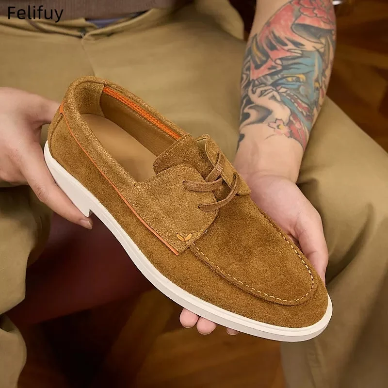 Zapatos informales de primavera y verano para hombre, mocasines de ante de vaca con cordones suaves, zapatos planos de estilo británico para conducir, mocasines para hombre