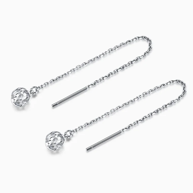 

PT950 Real Pure Platinum 950 Earrings Women Carved Round Bead Ball O Link Chain Earrings 1.7g