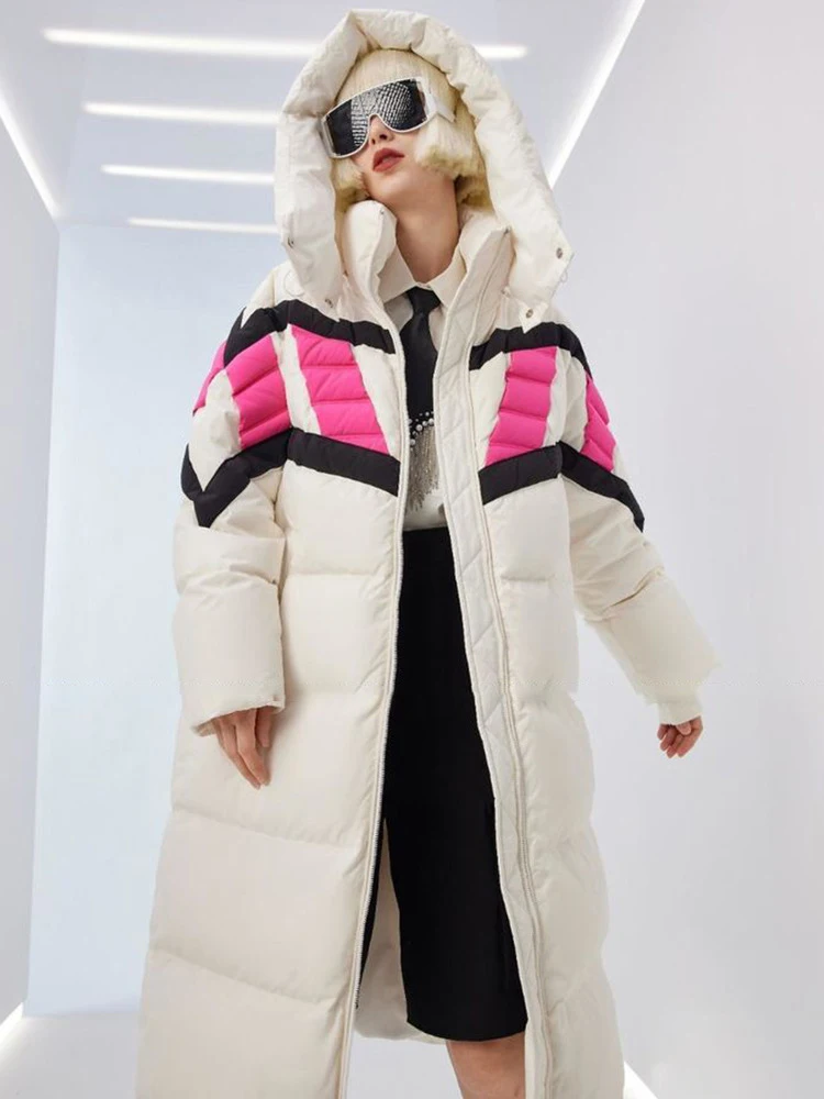 Winter 90 White Duck Down Thick Long Jacket Coats Women Down Parker Clothing Female Hooded Color Blocking Down Jacket Overcoat