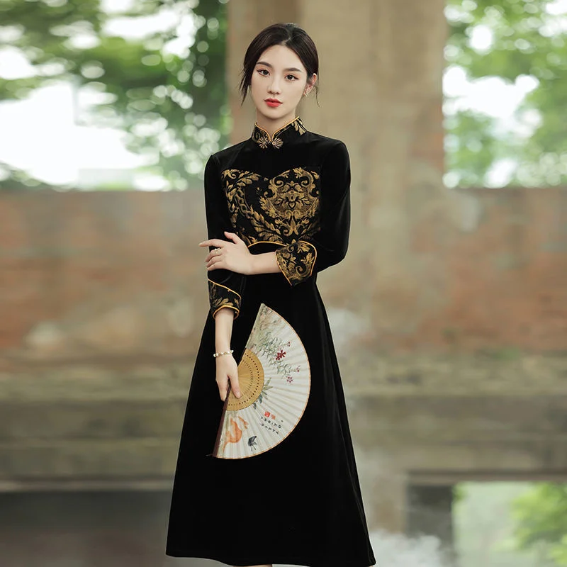 

Qipao черное традиционное винтажное элегантное тонкое платье Cheongsam улучшенное женское китайское платье Femme новый этнический стиль Harajuku современный