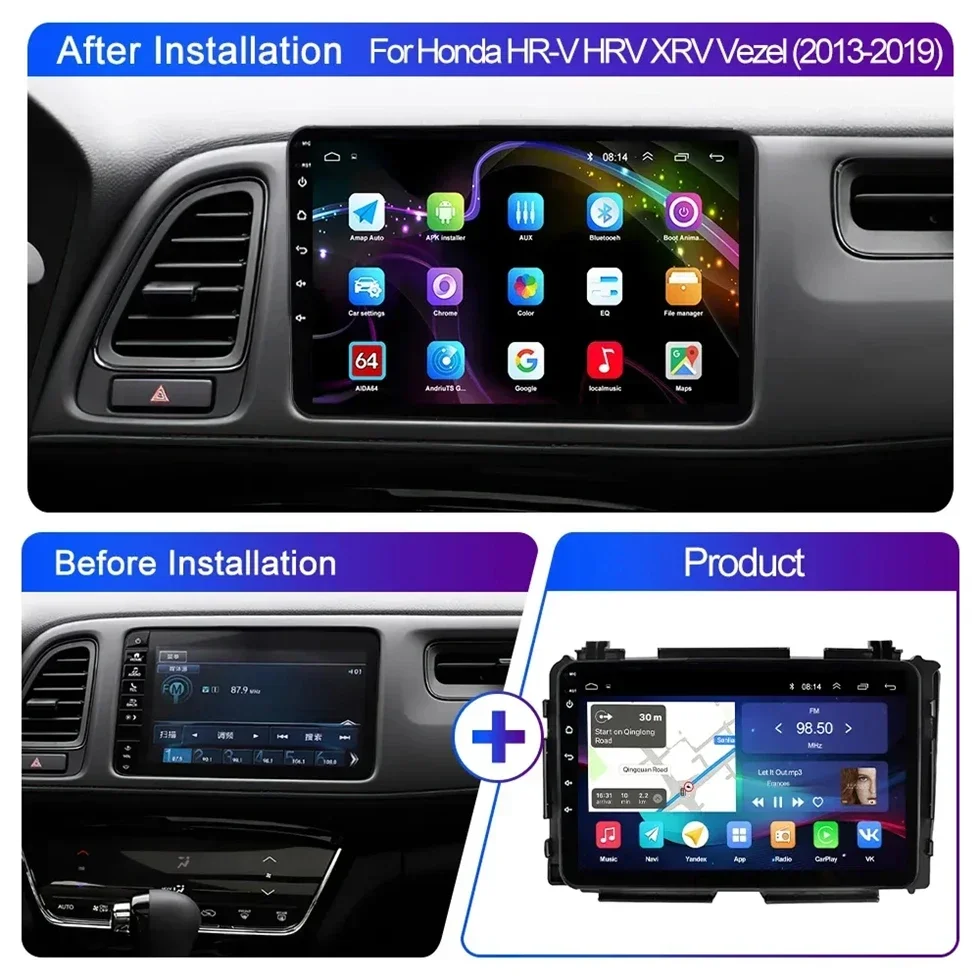 4G Android 14.0 Car Radio GPS 2 Din for Honda HRV H RV Vezel XRV 2013- 2018 Multimedia Video Player Auto Stereo Screen Carplay