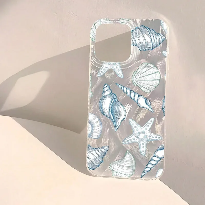 Seashell Starfish Pattern Phone Case For iPhone 16 15 14 13 12 11 Pro X XS MAX XR 7 8 Plus SE 2020 2022 16E Feather Texture Case