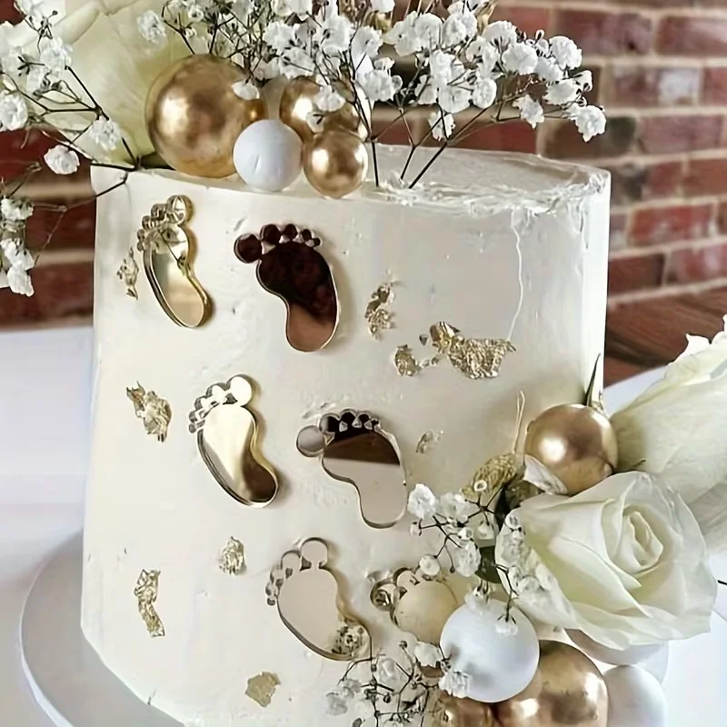

6pcs Golden Acrylic Footprint Cake Decoration Baby Shower Dessert Cupcake Topper for Gender Reveal Birthday Party Cake DIY Decor