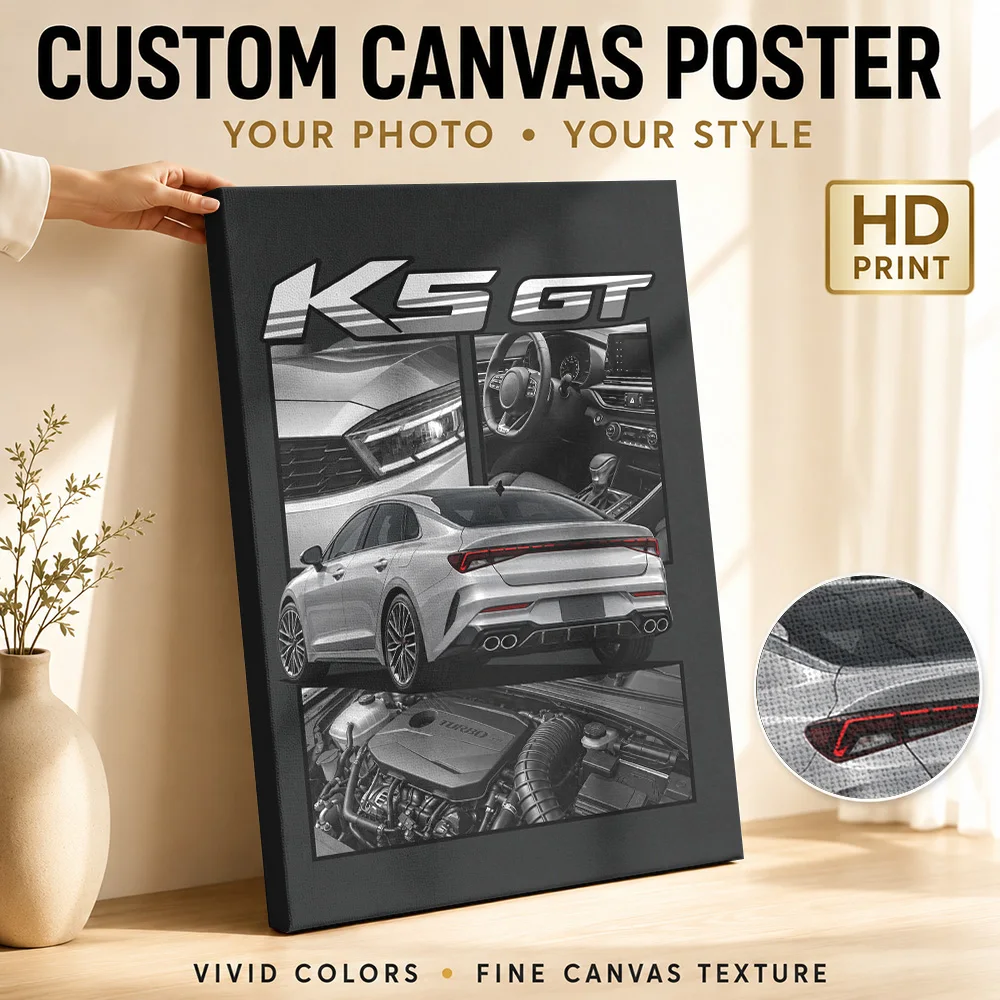 Korean K5 GT Gray Sedan Framed Canvas Print Posters Retro Style Wall Art With Personalized Photo For Studio Ideal Birthday Gift