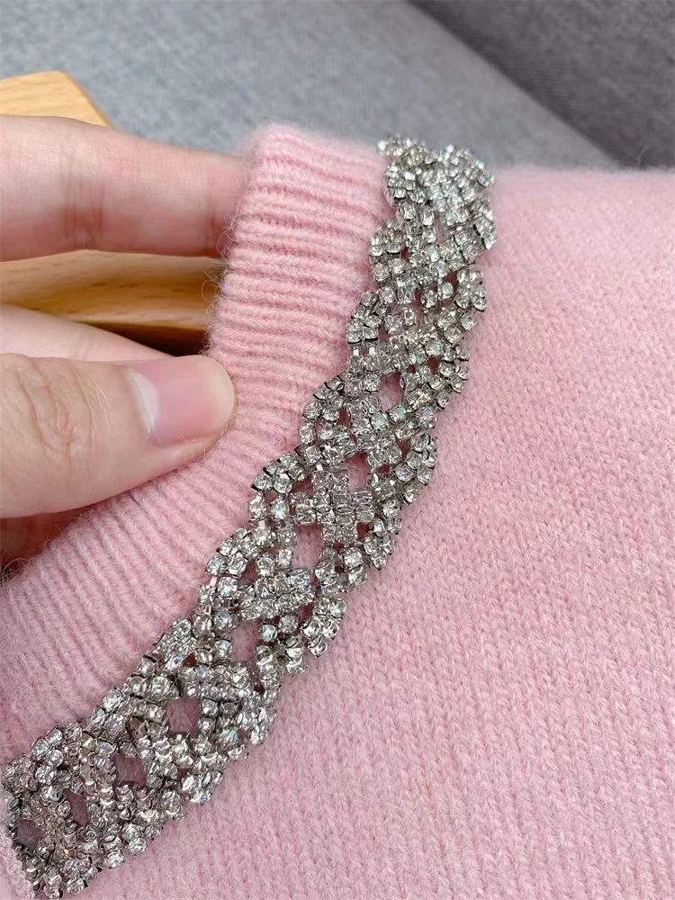 Fall Winter Fashion Pink Knit Set Women Elegant Beaded Diamond O-Neck Single-Breasted Sweater Cardigan Coat or High Waist Skirt