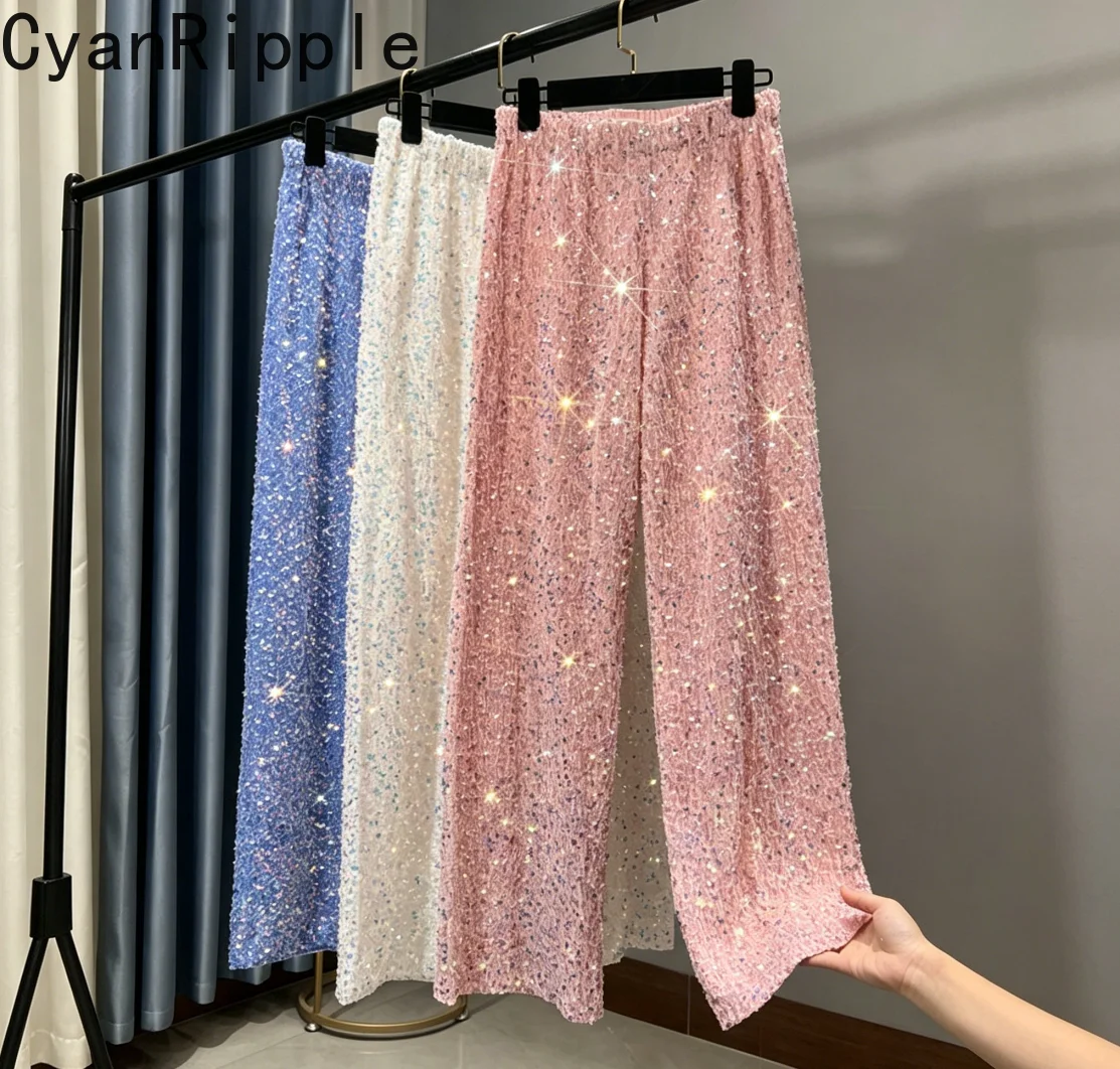Fashion Autumn Winter Shiny Sequins Wide Leg Pants All-match Mopping Floor Elastic Waist Straight Long Trousers Dancing Pants