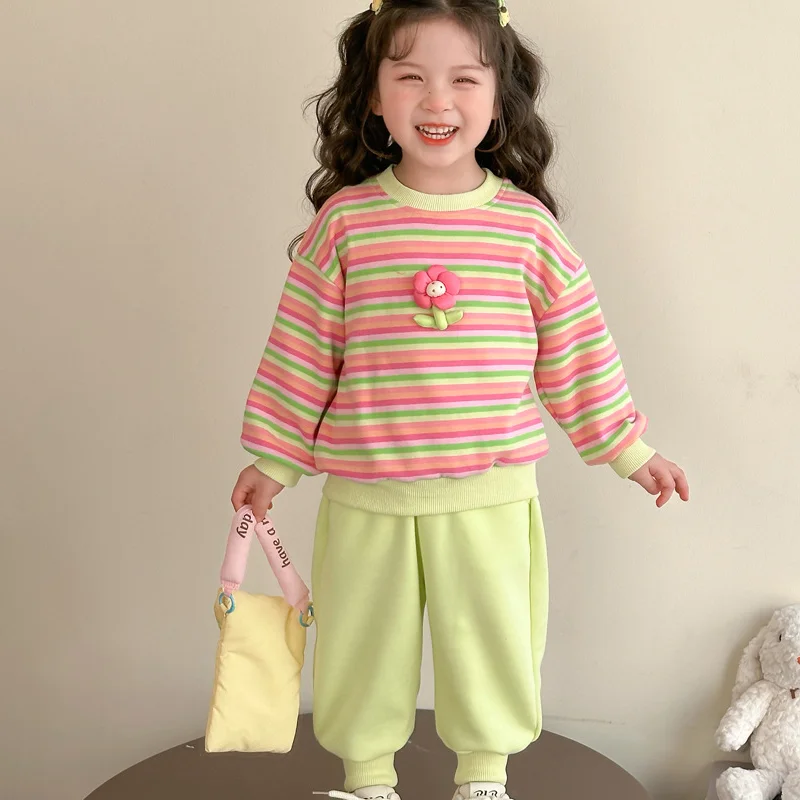 

Hot Girl Hoodie 2-Piece Set Spring Autumn Stripe Tops Pullover Pants Child Kawaii Fashion New Style Casual Clothing Lightweight