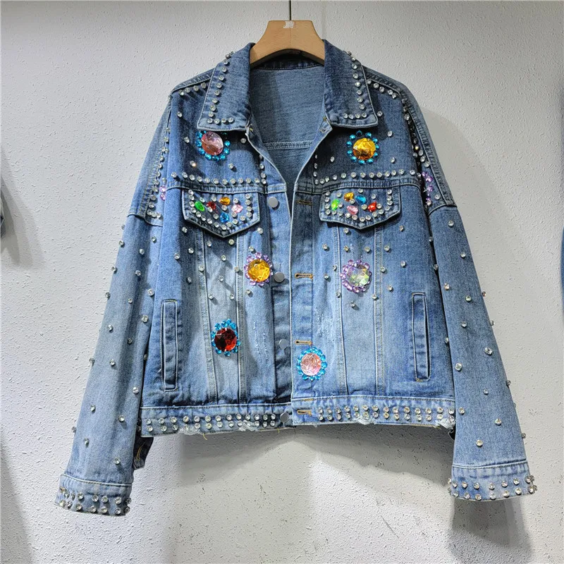 

Spring New Fashion Beaded Diamonds Frayed Hole Short Denim Jacket Women Lapel Long Sleeve Casual Loose Streetwear Chaqueta Mujer