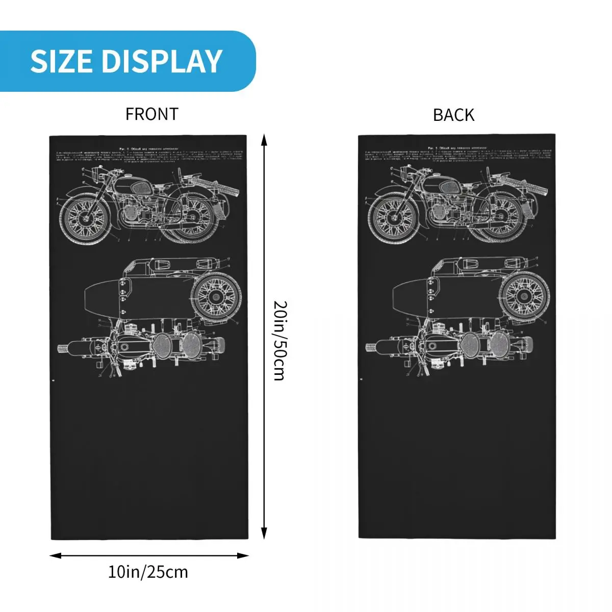 Vintage KMZ Dnepr-12 Motorcycle Diagram (White - Black Background) Ural Bandana Neck Gaiter Printed Motorcycle Club Face Scarf