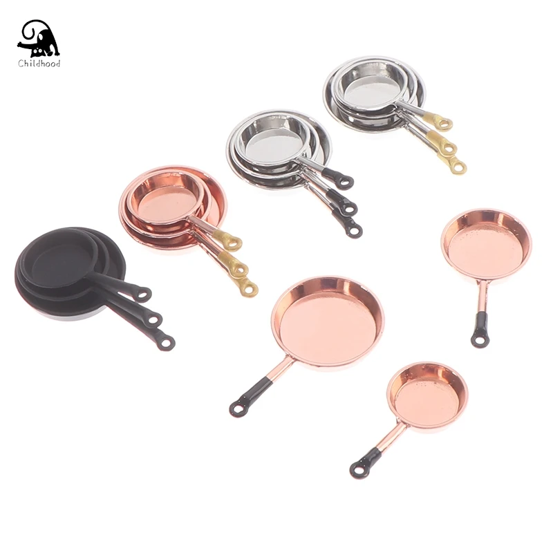 3 pçs 1/12 casa de bonecas em miniatura acessórios mini panela metal simulação móveis cozinha pan modelo brinquedos para decoração casa boneca