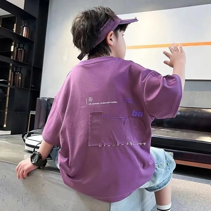 Cooling 100% Cotton Boys' Summer Short Sleeve T Shirt Big Tall Kids Loose Casual Trendy Hot Sale Apparel Wholesale